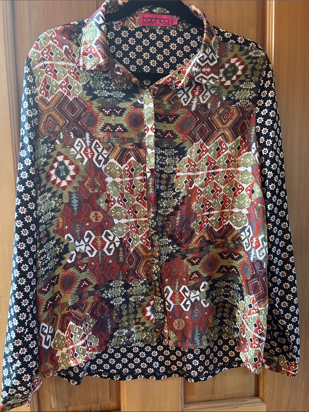 Boohoo Multicolor Geometric & Floral Button-Down Shirt - Green, Red & Black